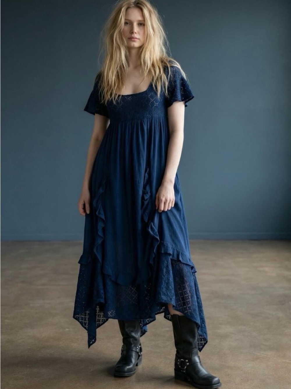 NWT Free People-Bring The Romance Sheer navy blue lace ruffle maxi.SP
